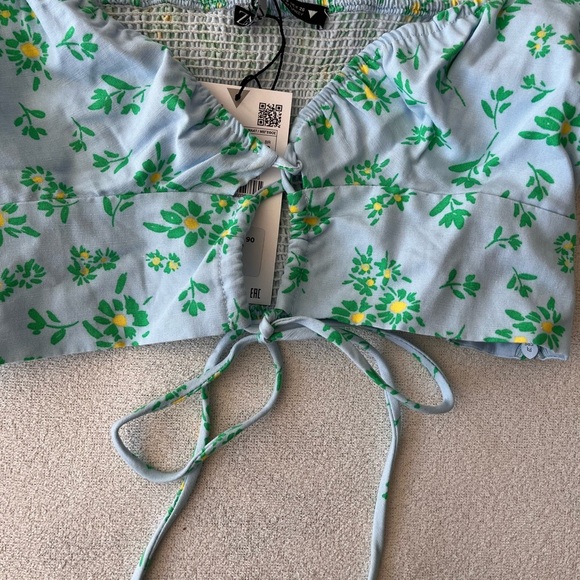 NWT Zara Floral Linen Blend Puff Sleeve Crop Top S - Picture 6 of 14